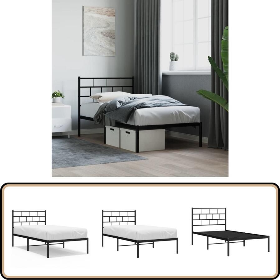 VidaXL Bedframe met hoofdbord Metaal Zwart 75x190 cm Klassieke Bed Frame Metalen Bedframe Eenpersoonsbed Zwarte Bedframe Staal Bedframe