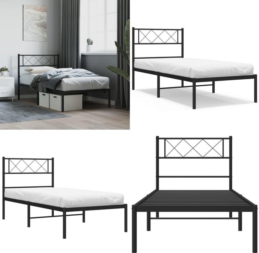 VidaXL Bedframe met hoofdbord metaal zwart 80x200 cm Bedframe Bedframes Eenpersoonsbed Bed