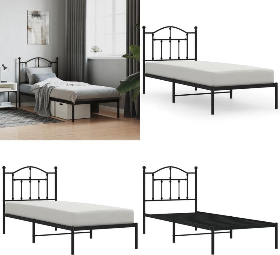 VidaXL Bedframe met hoofdbord metaal zwart 90x190 cm Bedframe Bedframes Eenpersoonsbed Bed