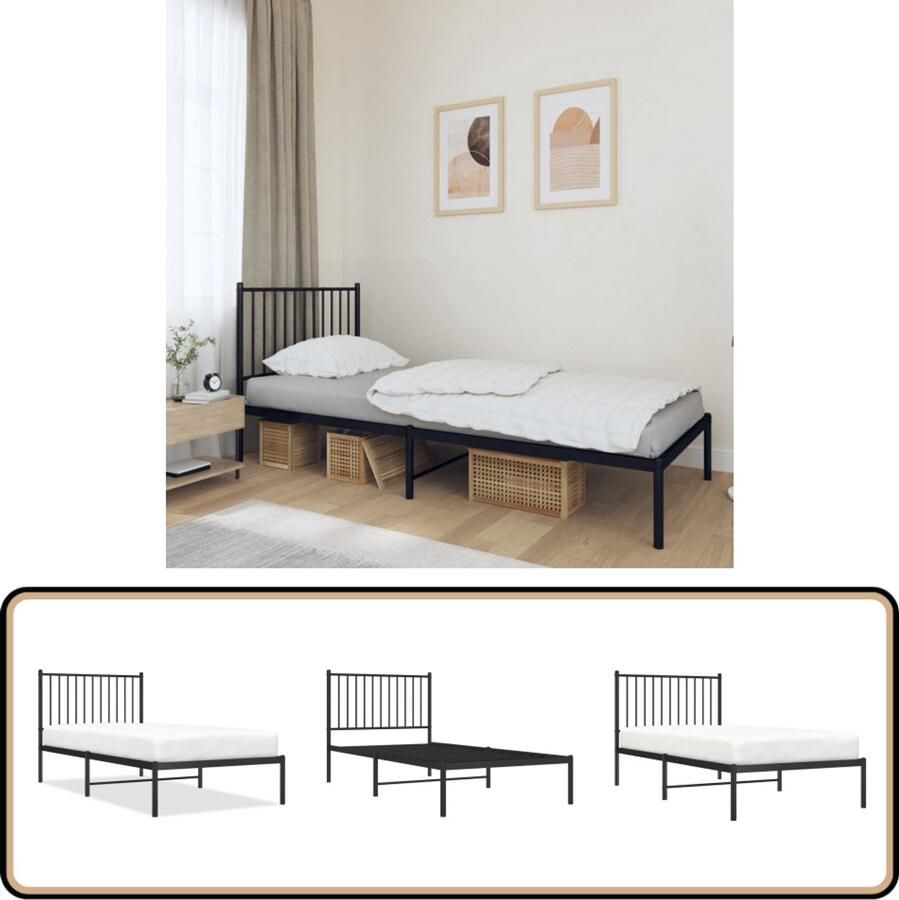 VidaXL Bedframe Met Hoofdbord Metaal Zwart 90x190 cm Robuust Bed Frame Metalen Bedframe Zwarte Bedpost Enkel Bed Boxspring Bed