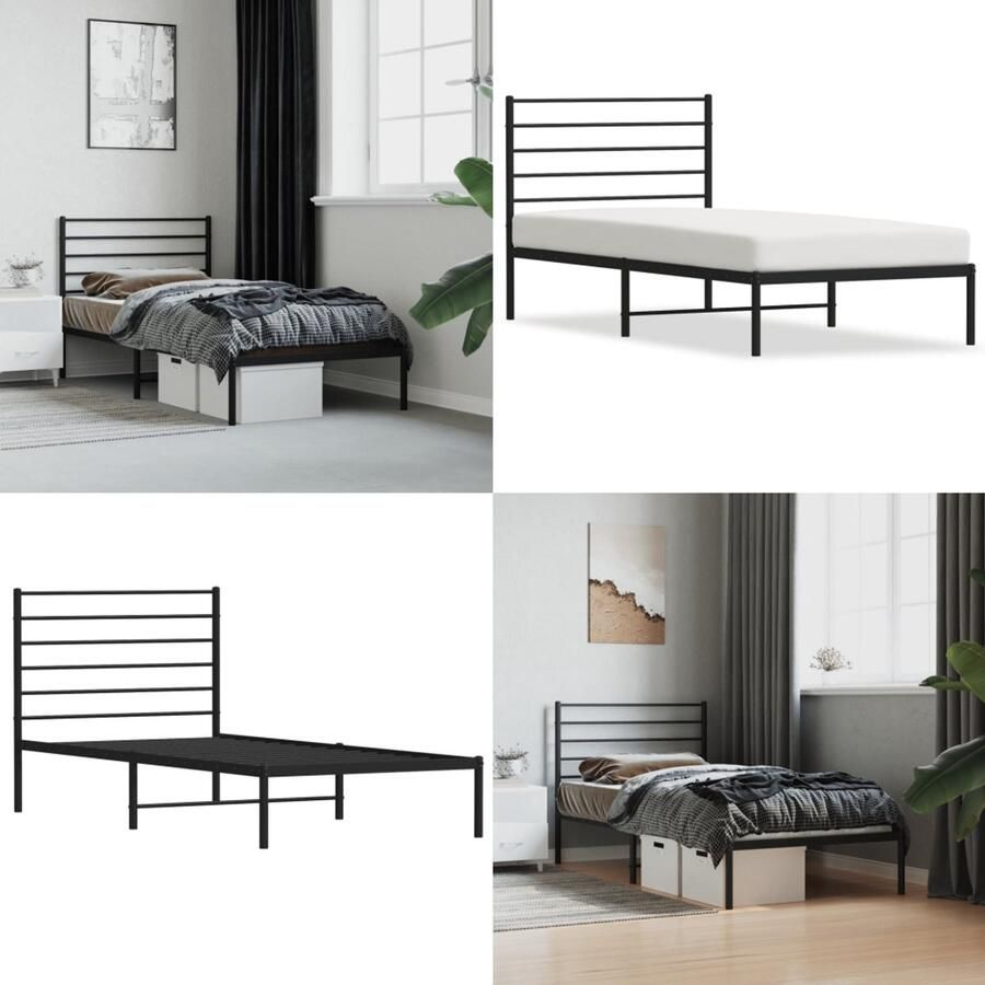 VidaXL Bedframe met hoofdbord metaal zwart 90x200 cm Bedframe Bedframes Eenpersoonsbed Bed