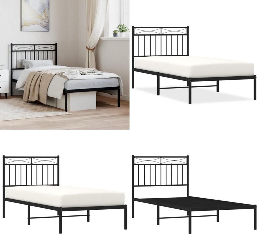 VidaXL Bedframe met hoofdbord metaal zwart 90x200 cm Bedframe Bedframes Eenpersoonsbed Bed