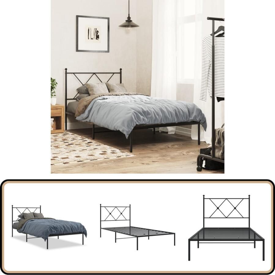 VidaXL Bedframe met hoofdbord metaal zwart 90x200 cm