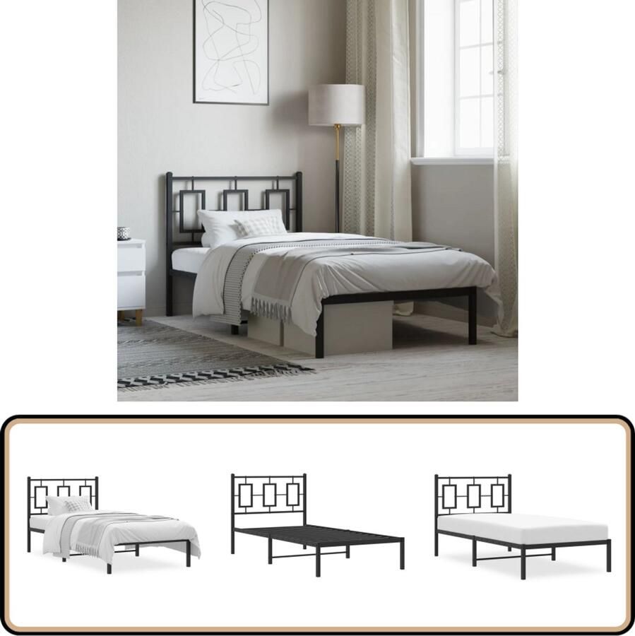 VidaXL Bedframe met hoofdbord metaal zwart 90x200 cm