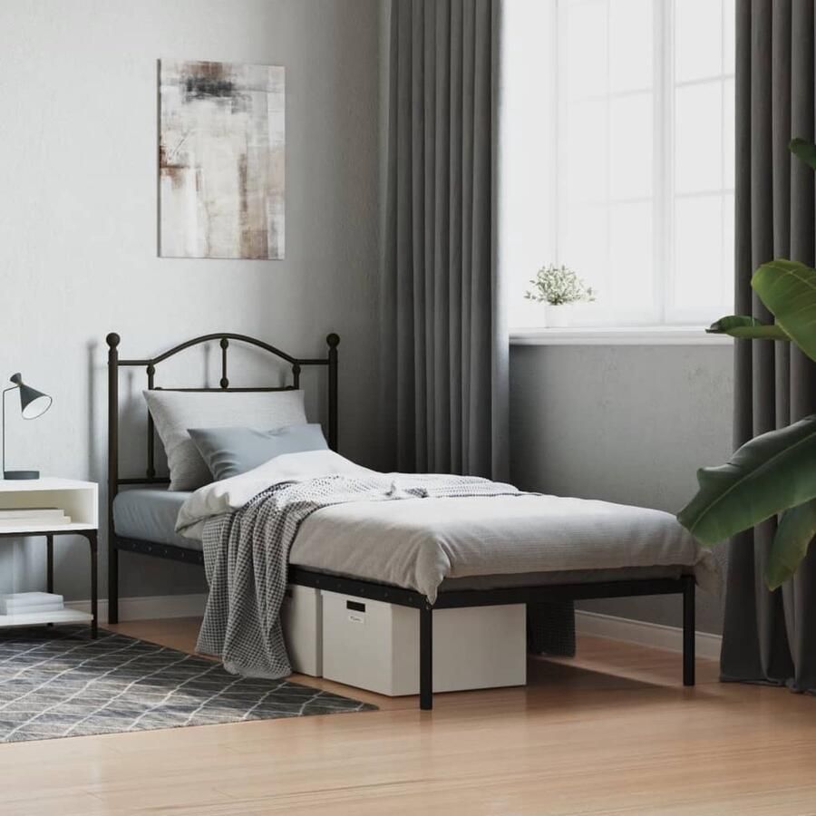 VidaXL Bedframe Met Hoofdbord Staal 90x200 cm Robuust Bedframe Klassiek Bedframe Metalen Bedframe Zwarte Bedframe Staal Bedframe Eenpersoonsbed Logeerbed Boxspring Frame - Foto 2