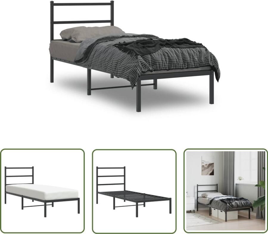 VidaXL Bedframe Met Hoofdbord Staal Bedframe met hoofdbord metaal zwart 75x190 cm Zwart Bedframe Minimalistisch Bedframe Compact Bedframe