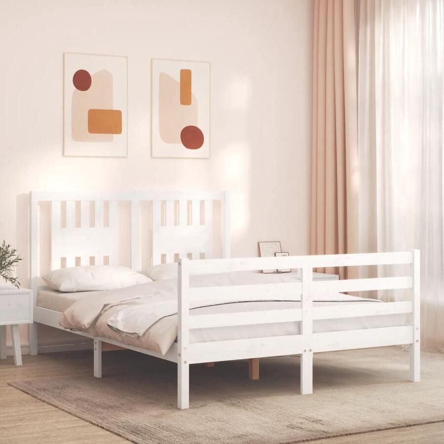 VidaXL Bedframe met hoofdbord Wit 140x190 cm Massief Hout Bed Grenenhouten Bed Witte Bed Frame Tweepersoons Bed Slaapkamer Meubels Boxspring Bed - Foto 2