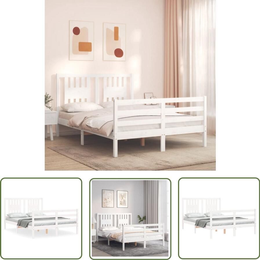 VidaXL Bedframe met hoofdbord Wit 140x190 cm Massief Hout Bed Grenenhouten Bed Witte Bed Frame Tweepersoons Bed Slaapkamer Meubels Boxspring Bed