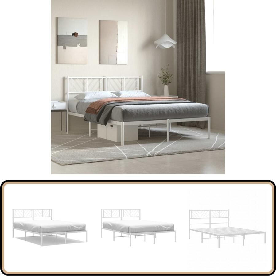VidaXL Bedframe Met Hoofdbord Wit 140x190 cm Metalen Bed Frame Klassiek Bed Met Hoofdbord Tweepersoons Bed Witte Bed Staal Bed Frame