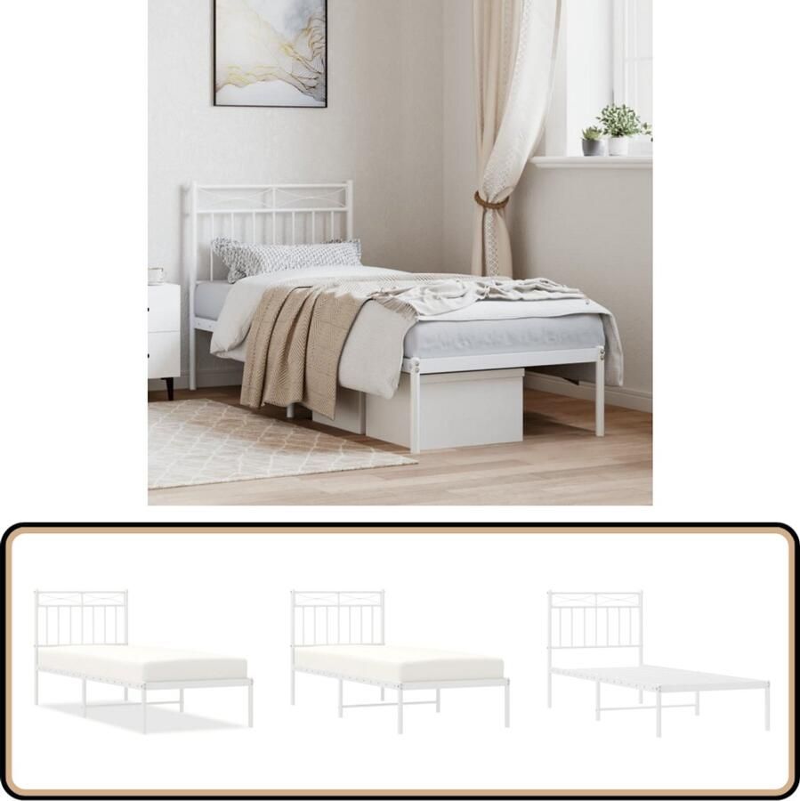 VidaXL Bedframe Met Hoofdbord Wit 75x190 cm Robuust Bed Frame Klassiek Bed Metalen Bedframe Witte Bed Met Opbergruimte
