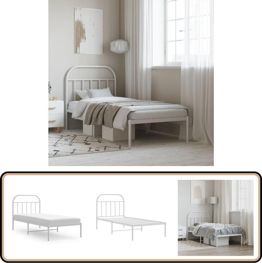 VidaXL Bedframe Met Hoofdbord Wit 90x200 cm Robuust Bed Frame Metalen Bedframe Witte Bedframe Enkelpersoonlig Bed Comfortabel Bed