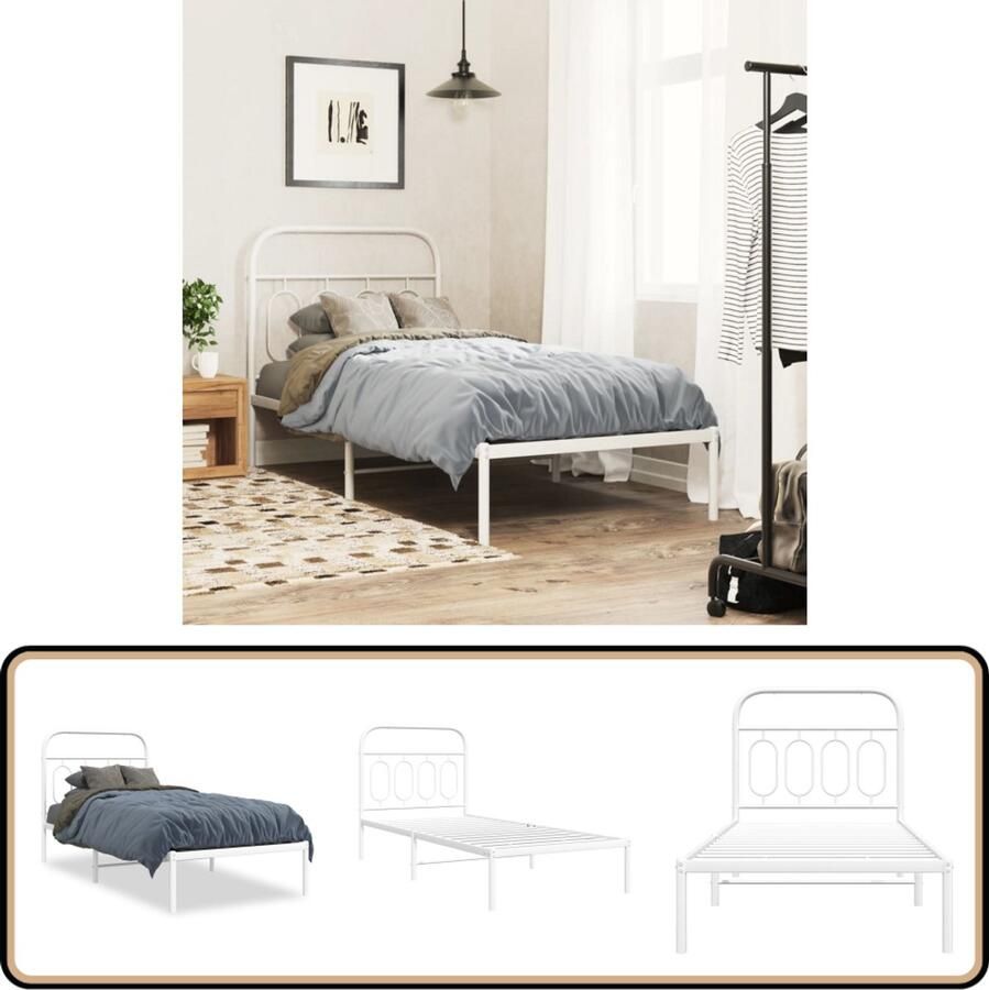VidaXL Bedframe Met Hoofdbord Wit 90x200cm Metalen Bedframe Bed Met Hoofdbord Enkelbed Wit Bed Staal Bedframe Modern Bed Minimalistisch Bed Budget Bed