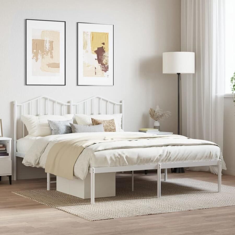 VidaXL Bedframe Met hoofdbord Wit Metaal 135x190 cm Robuust Bedframe Houten Bedframe Wit Bedframe Enkelpersoonsbed Tweepersoonsbed Boxspring Bed Platform Bed Staal Bedframe - Foto 3