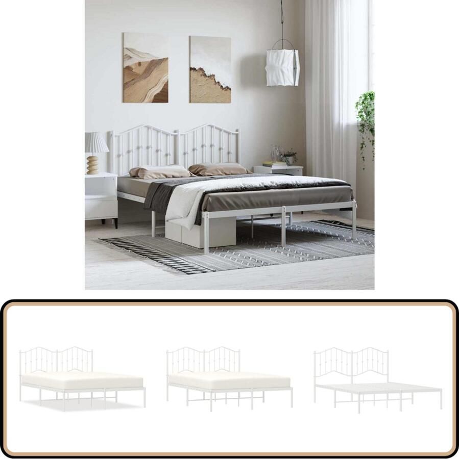 VidaXL Bedframe Met hoofdbord Wit Metaal 135x190 cm Robuust Bedframe Houten Bedframe Wit Bedframe Enkelpersoonsbed Tweepersoonsbed Boxspring Bed Platform Bed Staal Bedframe