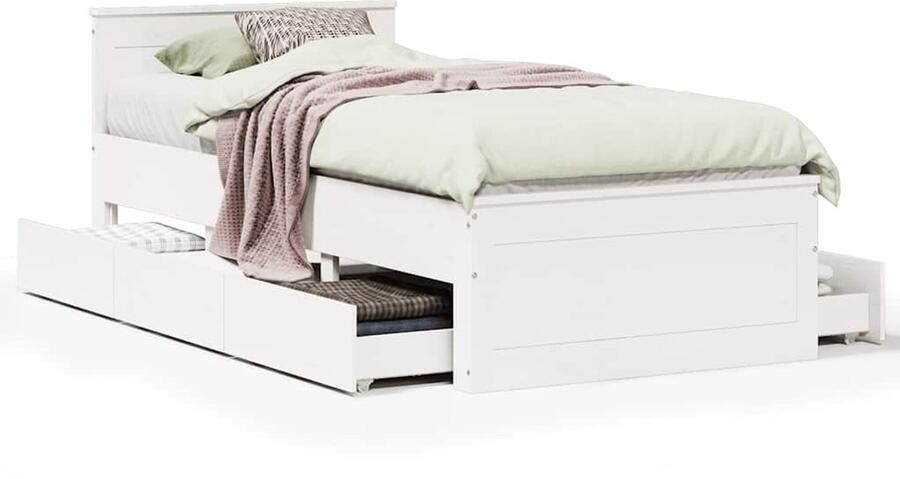 VidaXL Bedframe met hoofdbord zonder matras grenenhout wit 75x190 cm