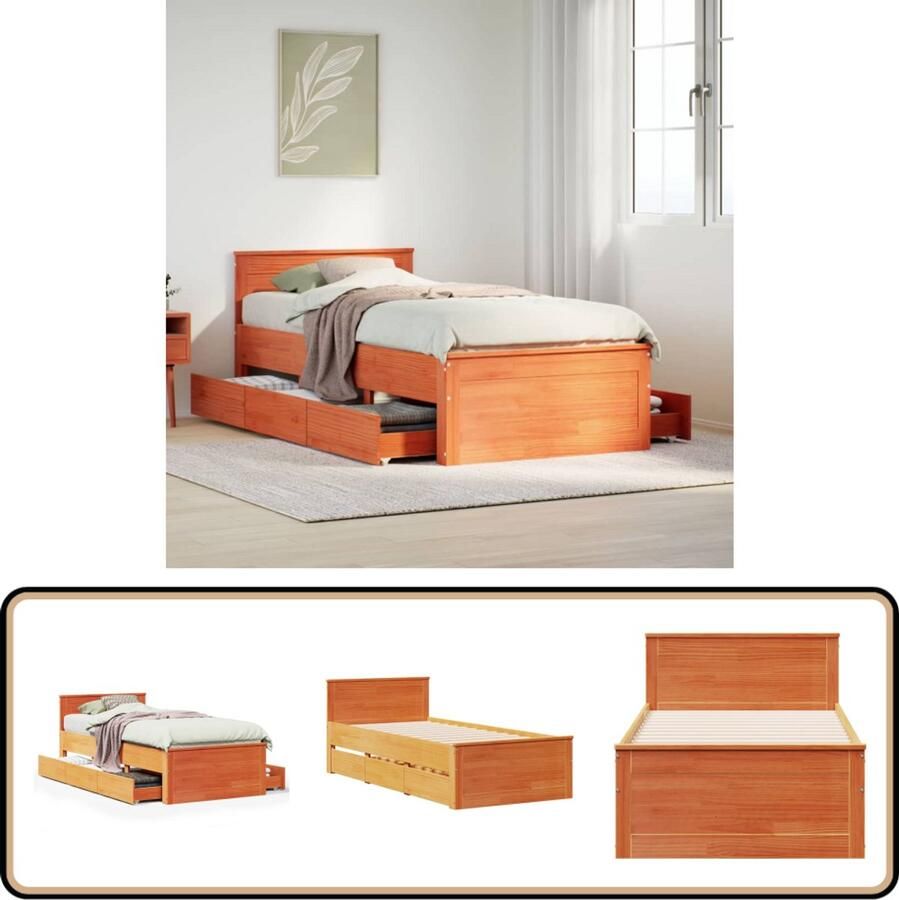 VidaXL Bedframe met hoofdbord zonder matras hout wasbruin 75x190 cm