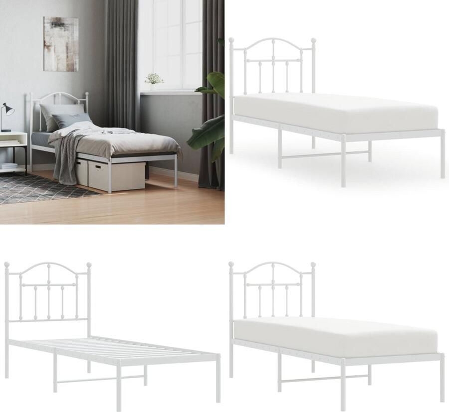VidaXL Bedframe met hoofdbord zonder matras metaal wit 75x190 cm Bedframe Bedframes Eenpersoonsbed Bed