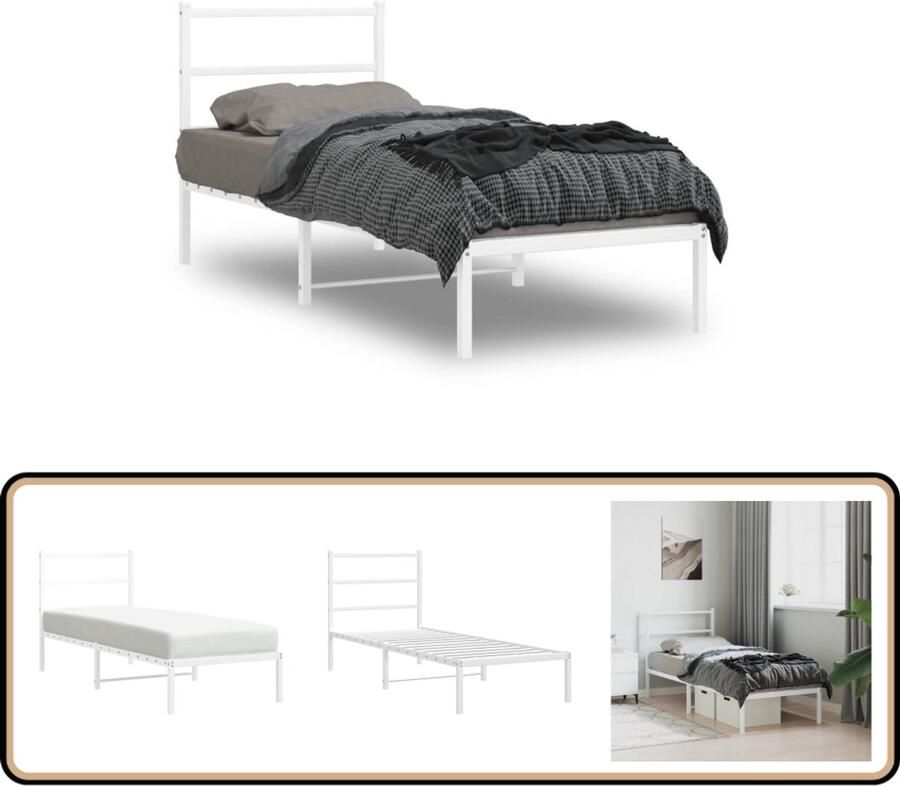 VidaXL Bedframe met hoofdbord zonder matras metaal wit 75x190 cm