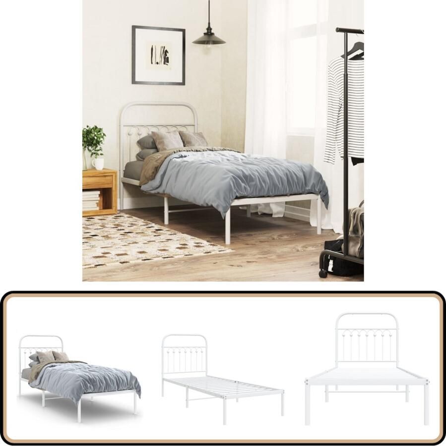 VidaXL Bedframe met hoofdbord zonder matras metaal wit 75x190 cm
