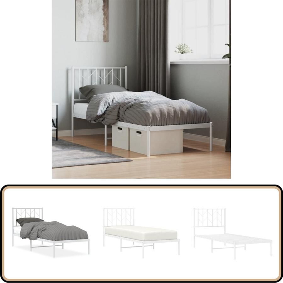 VidaXL Bedframe met hoofdbord zonder matras metaal wit 75x190 cm