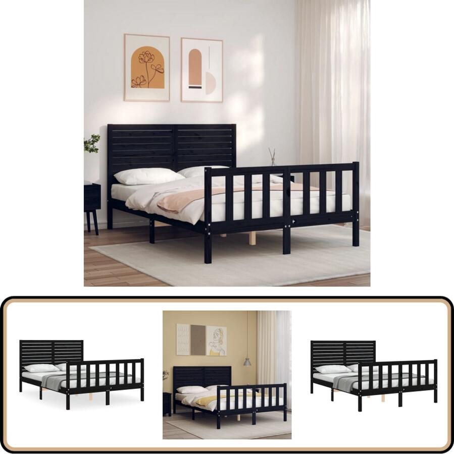 VidaXL Bedframe met Hoofdbord Zwart 140x190 cm Massief Grenenhouten Bed Zwarte Bed Frame Hoofdboard Met Rugsteun Tweepersoons Bed Boxspring Bed