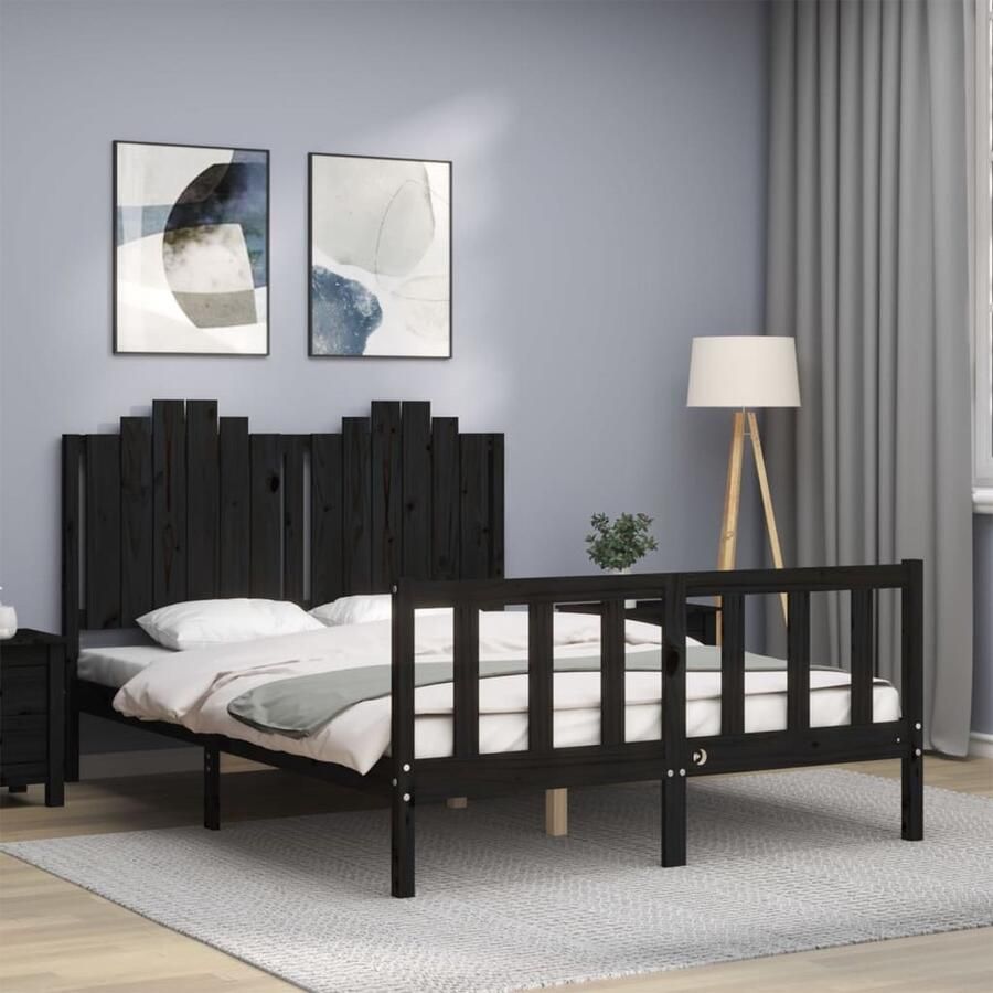 VidaXL Bedframe met hoofdbord Zwart 140x190 cm Massief Hout Bed Frame Zwarte Bedpost Grenenhout Bed Tweepersoons Bed Boxspring Bed Slaapkamer Meubels - Foto 2