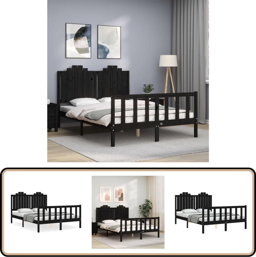 VidaXL Bedframe met hoofdbord Zwart 140x190 cm Massief Hout Bed Frame Zwarte Bedpost Grenenhout Bed Tweepersoons Bed Boxspring Bed Slaapkamer Meubels
