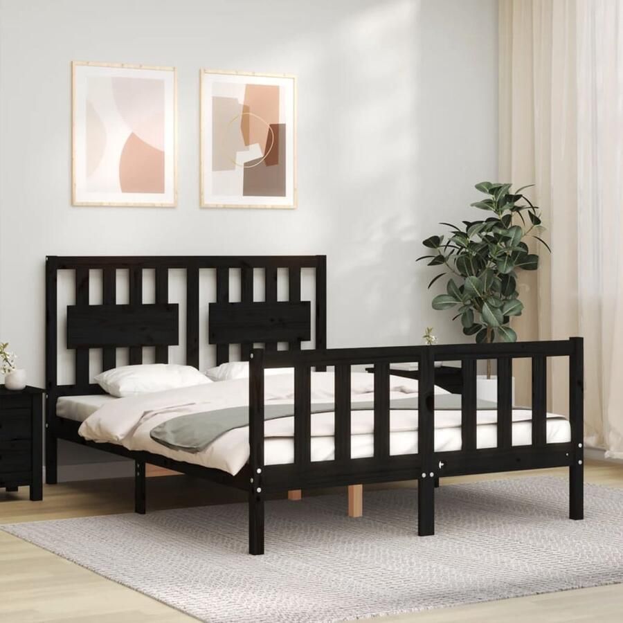 VidaXL Bedframe met hoofdbord Zwart 140x190 cm Massief Hout Bed Zwarte Bed Frame Grenenhout Bed Boxspring Bed Tweepersoons Bed Slaapcomfort Bedroom Furniture - Foto 2