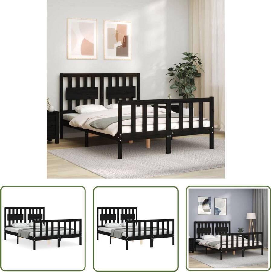 VidaXL Bedframe met hoofdbord Zwart 140x190 cm Massief Hout Bed Zwarte Bed Frame Grenenhout Bed Boxspring Bed Tweepersoons Bed Slaapcomfort Bedroom Furniture