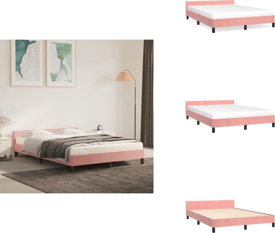 VidaXL Bedframe Roze Fluweel Dubbel Ondersteunende poten Multiplex Lattenbodem Afmetingen- 203 x 143 x 50 cm Geschikte matras- 140 x 200 cm Bed