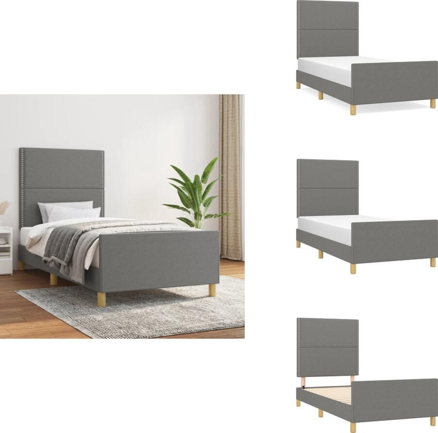 VidaXL Bedframe met hoofdeinde Donkergrijs Stof 203x93x118 128 cm Geschikt voor matras 90x200 cm Verstelbare hoogte Ondersteunende poten Multiplex lattenbodem Comfortabele ondersteuning Bed