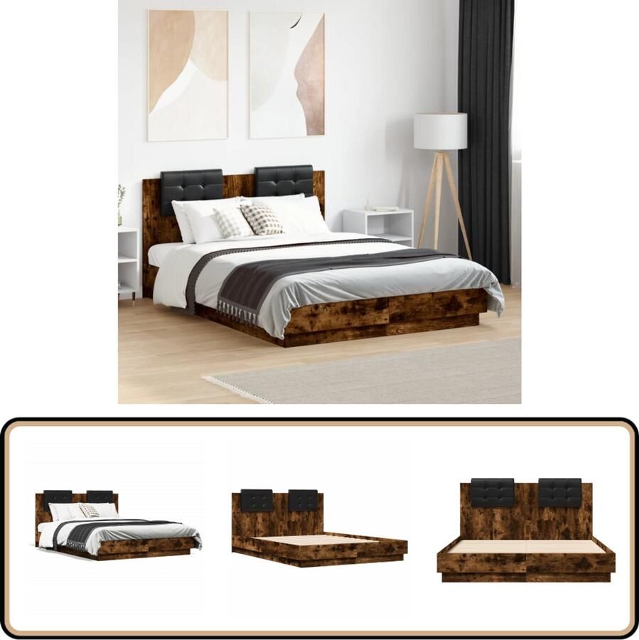 VidaXL Bedframe met hoofdeinde bewerkt hout gerookt eiken 135x190 cm