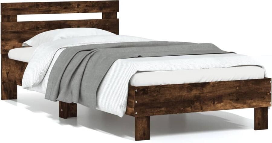 VidaXL Bedframe met hoofdeinde bewerkt hout gerookt eiken 90x190 cm Bed Frame Houten Bed Bruine Bed Tweepersoonsbed King Size Bed - Foto 6