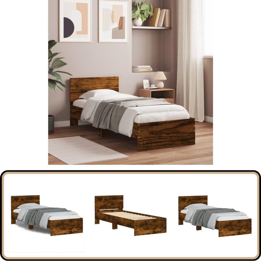 VidaXL Bedframe met hoofdeinde bewerkt hout gerookt eiken 90x190 cm Bed Frame Houten Bed Bruine Bed Tweepersoonsbed King Size Bed - Foto 3