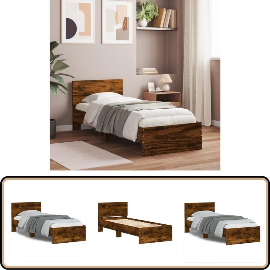 VidaXL Bedframe met hoofdeinde bewerkt hout gerookt eiken 90x200 cm Bedframe Houten Bed Bruine Bed Tweepersoonsbed Boxspring