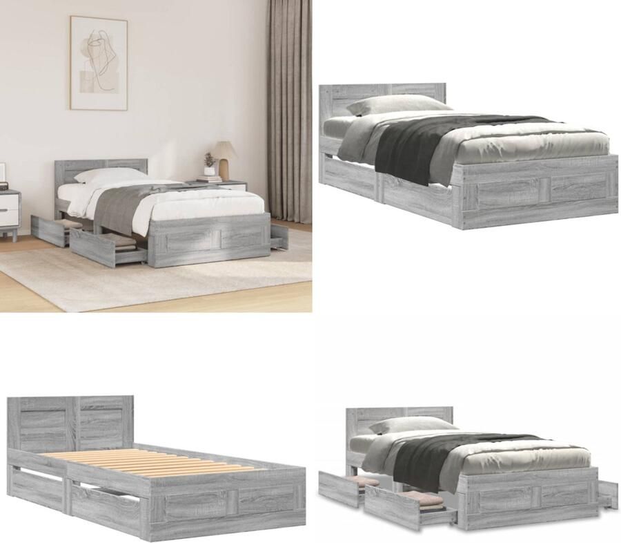 VidaXL Bedframe met hoofdeinde bewerkt hout grijs sonoma 90x200 cm Bedframe Bedframes Bed Bedbodem