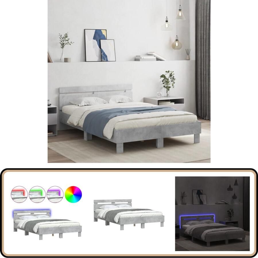 VidaXL Bedframe met hoofdeinde en LED betongrijs 120x190 cm