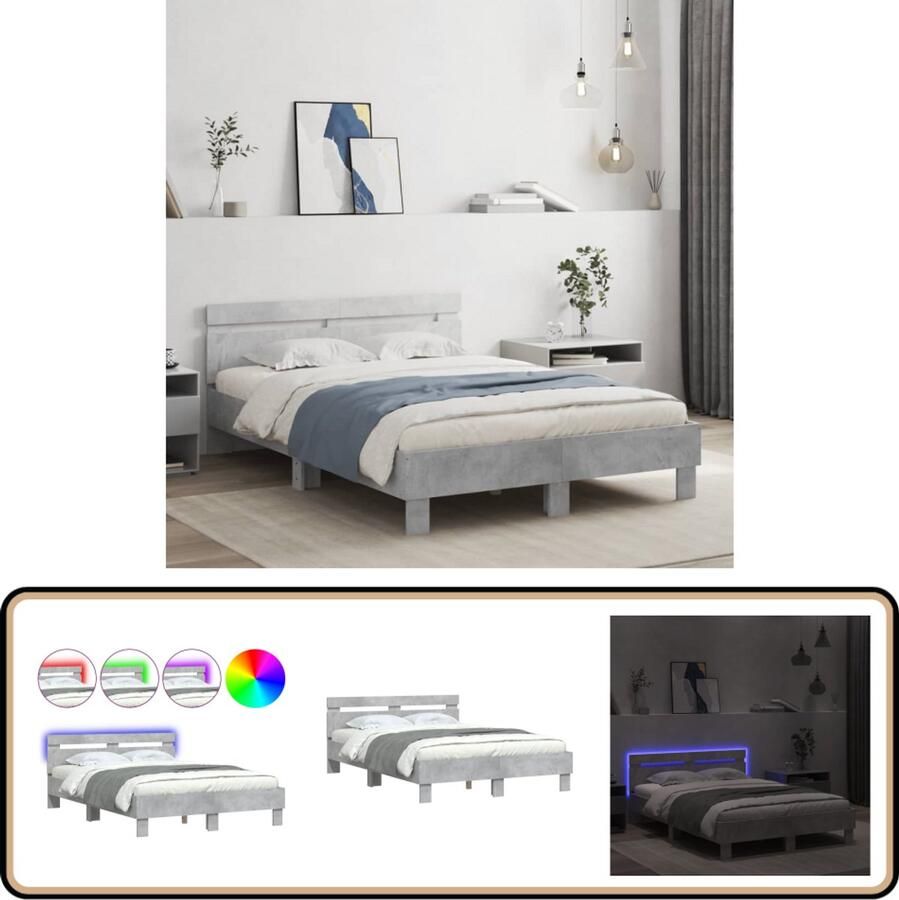 VidaXL Bedframe met hoofdeinde en LED betongrijs 120x200 cm