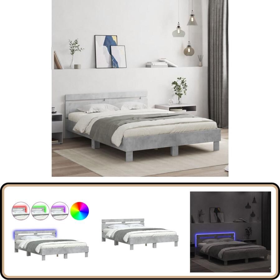 VidaXL Bedframe met hoofdeinde en LED betongrijs 140x200 cm