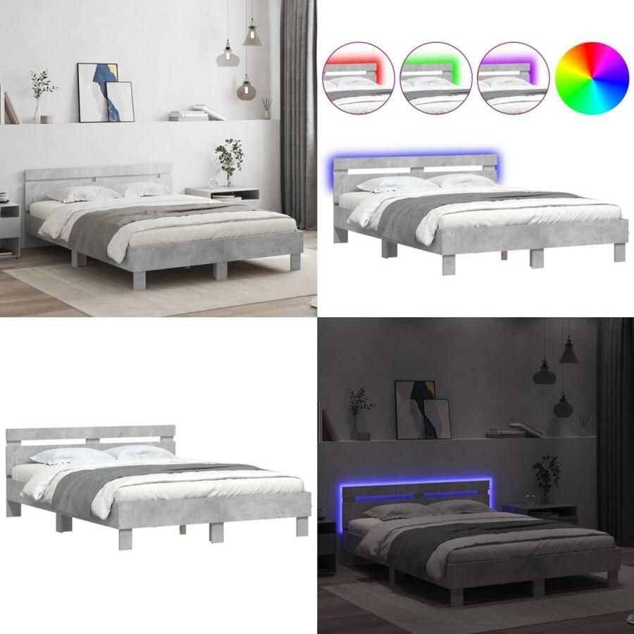 VidaXL Bedframe met hoofdeinde en LED betongrijs 150x200 cm Bedframe Bedframes Bed 2-persoons Bed
