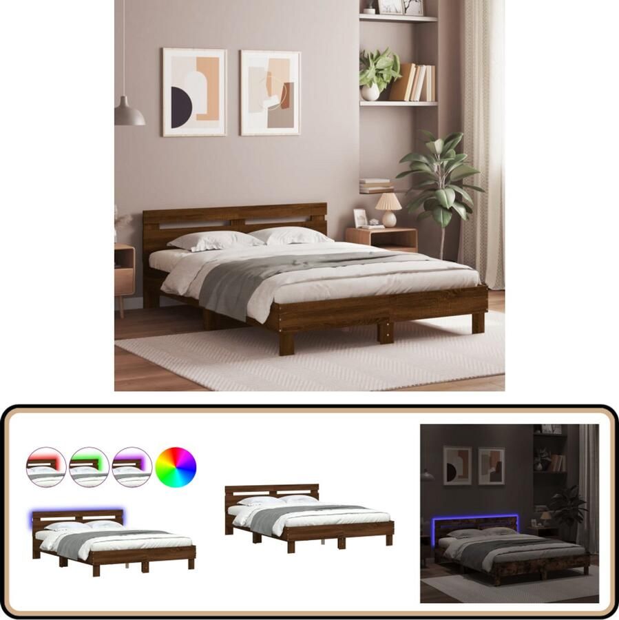 VidaXL Bedframe met hoofdeinde en LED bruin eikenkleur 140x200 cm