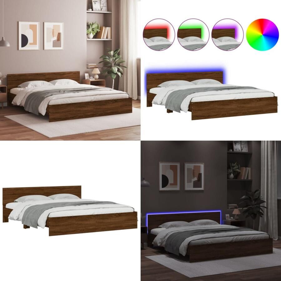VidaXL Bedframe met hoofdeinde en LED bruin eikenkleur 180x200 cm Bedframe Bedframes Bed 2-persoons Bed