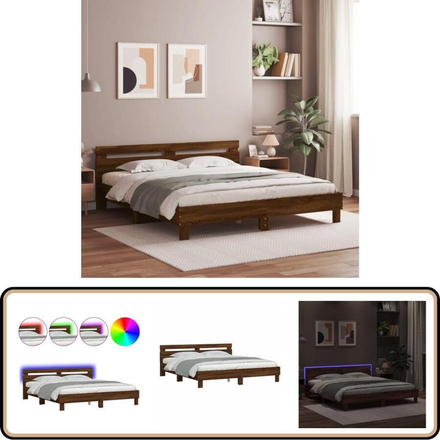 VidaXL Bedframe met hoofdeinde en LED bruin eikenkleur 200x200 cm