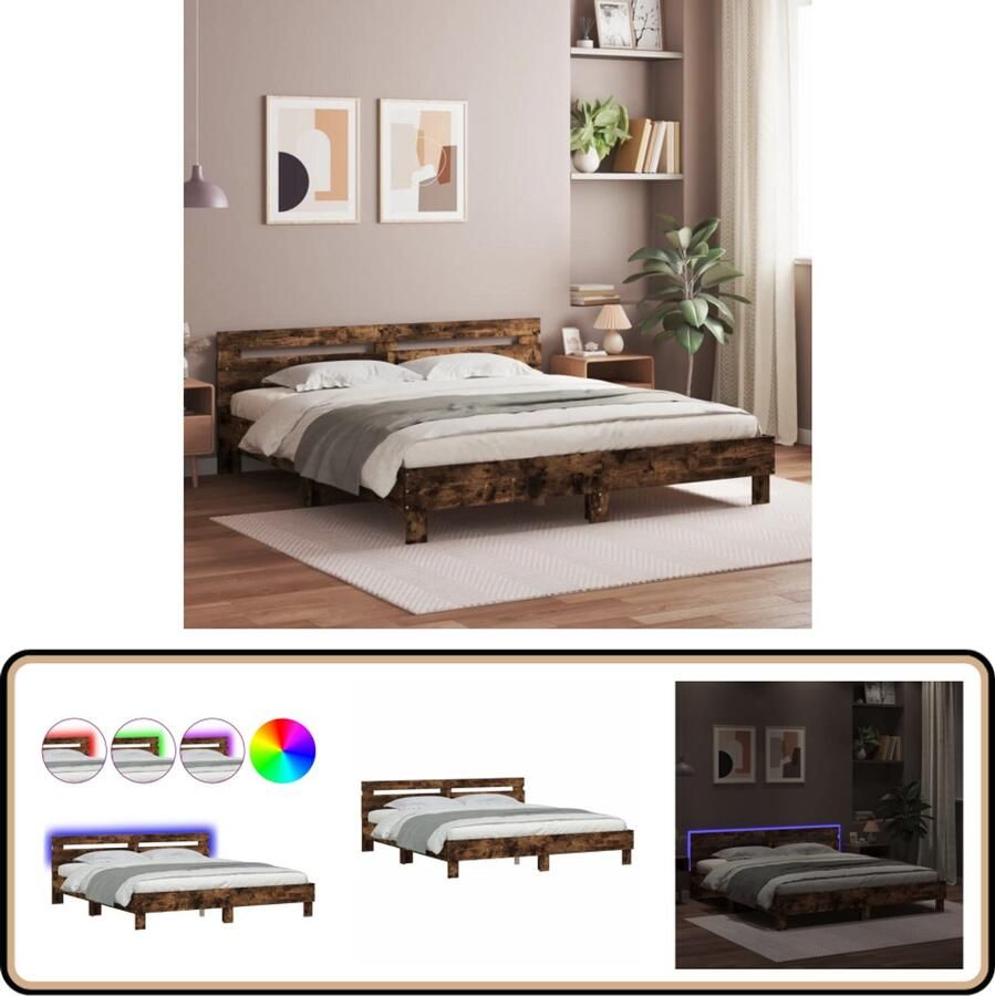 VidaXL Bedframe met hoofdeinde en LED gerookt eikenkleurig 200x200 cm