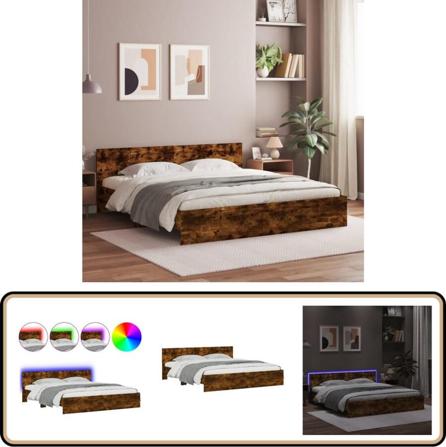 VidaXL Bedframe met hoofdeinde en LED gerookt eikenkleurig 200x200 cm