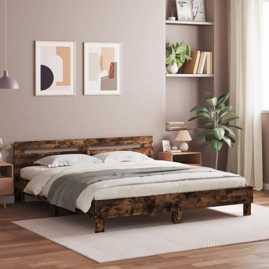 VidaXL -Bedframe-met-hoofdeinde-en-LED-gerookt-eikenkleurig-200x200-cm - Foto 2