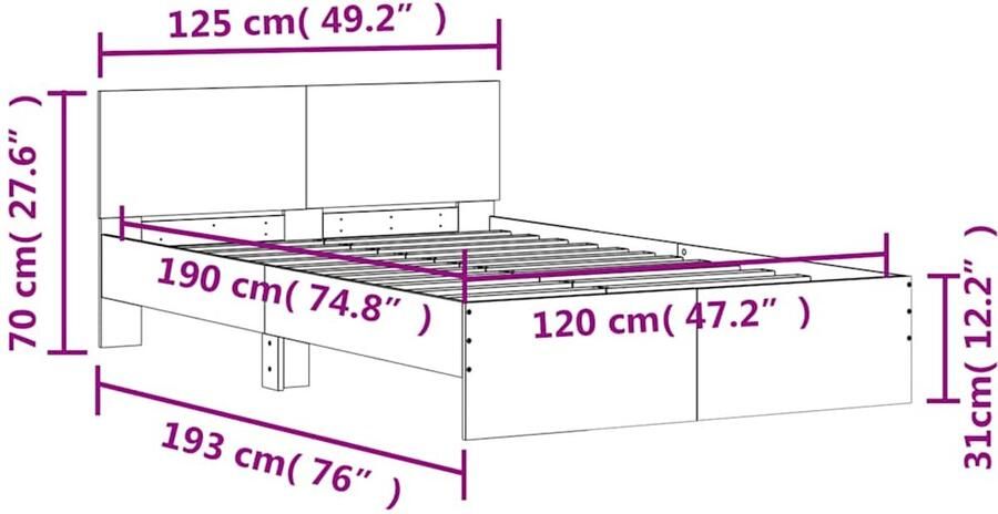 VidaXL Bedframe met hoofdeinde en LED grijs sonoma eiken 120x190 cm - Foto 2