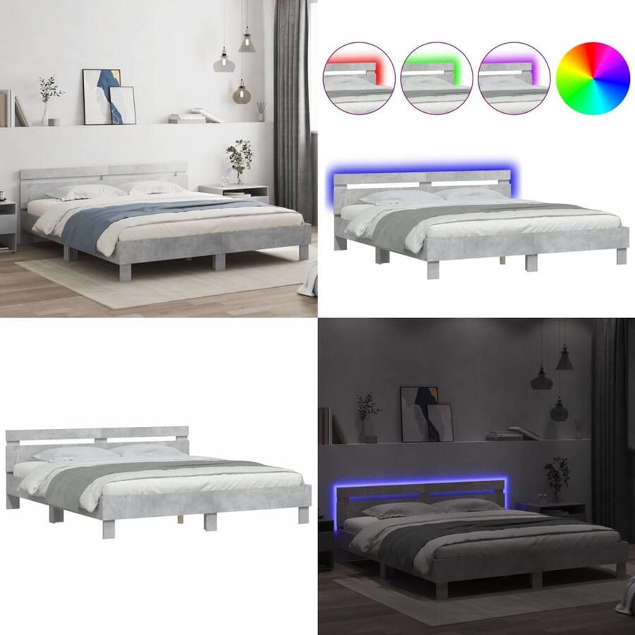 VidaXL Bedframe met hoofdeinde en LED-licht betongrijs 160x200 cm Bedframe Bedframes Bed 2-persoons Bed