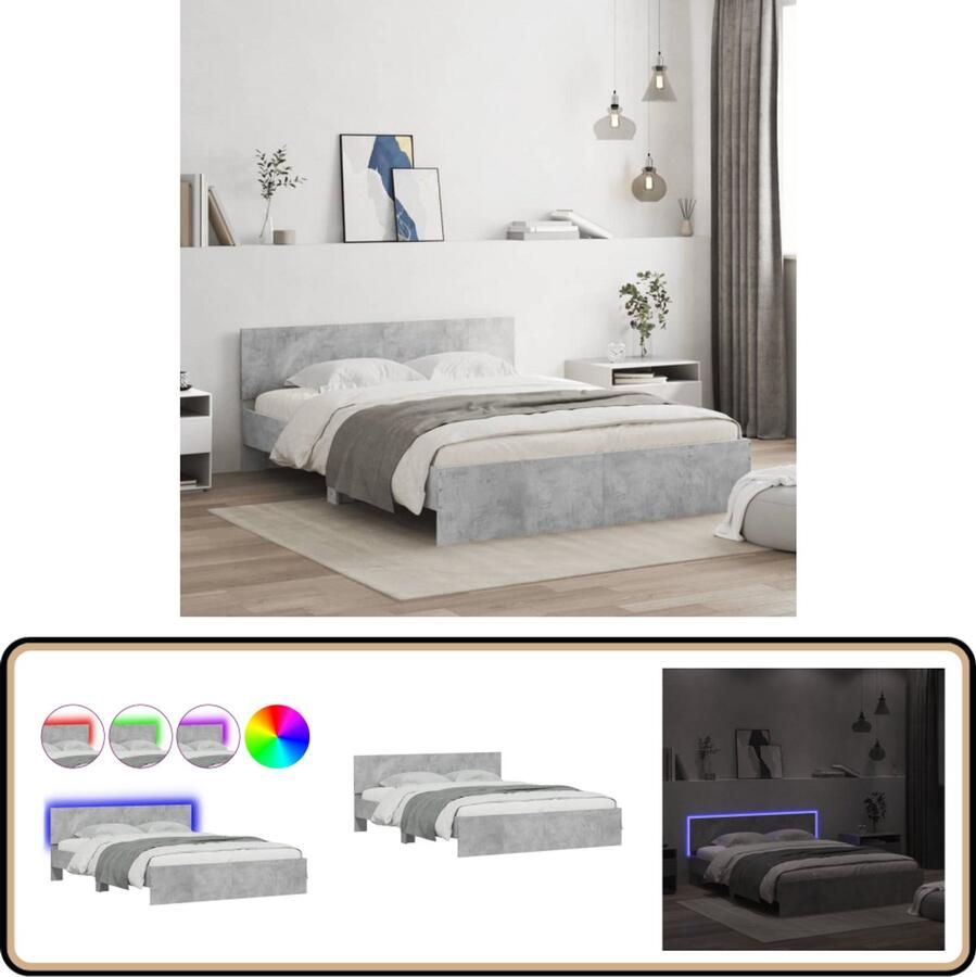 VidaXL Bedframe met hoofdeinde en LED-licht betongrijs 160x200 cm