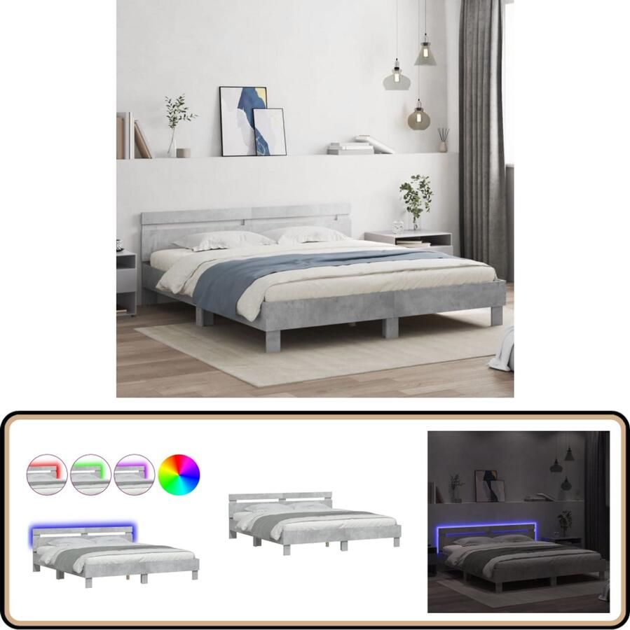 VidaXL Bedframe met hoofdeinde en LED-licht betongrijs 200x200 cm